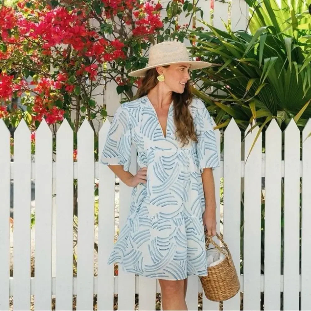 Light Blue Printed Midi Dress with V-Neck